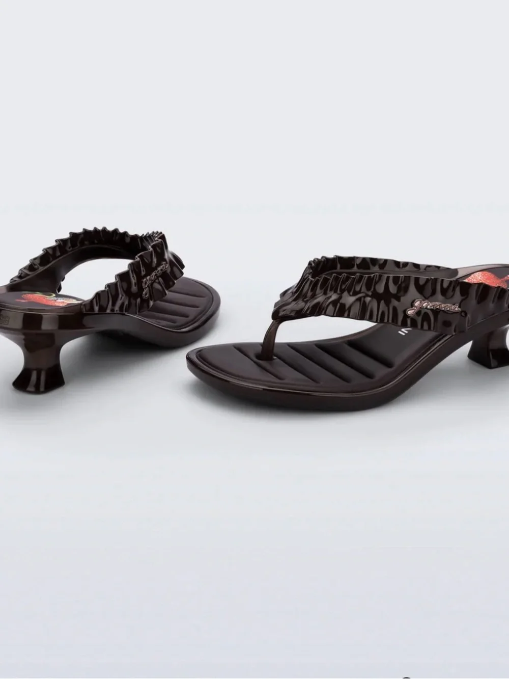 Ganni Black Glossy Ruffled Jelly Thong Sandals